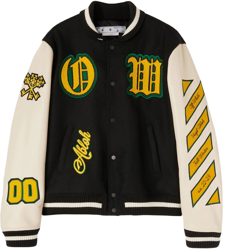 OFF-WHITE Graphics Leather Varsity Jacket Black/White/Yellow/Green Men ...