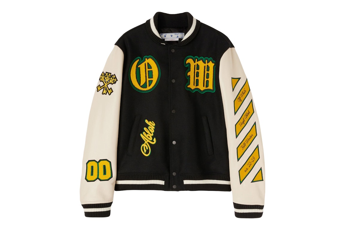 Pre-owned Off-white Graphics Leather Varsity Jacket Black/white/yellow/green
