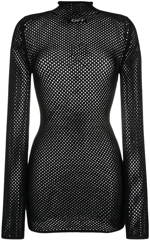 OFF-WHITE Intarsia-Logo Mesh Knitted Dress Black - FW23 - US