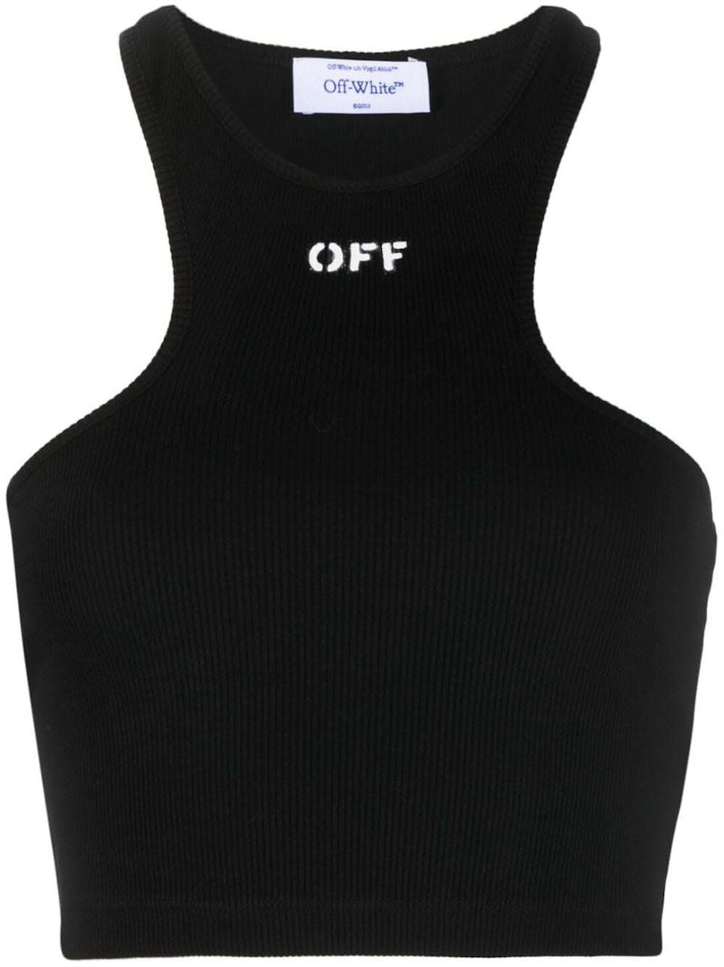 Pre-owned Off-white Women's Offwhite Logoprint Ribbedknit Racerback Top In Black