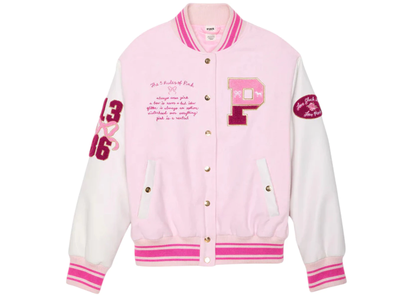 PINK x LoveShackFancy Reissued Boyfriend Varsity Jacket Pink Tulip ...