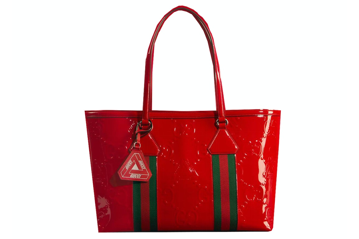 Pre-owned Palace X Gucci Embossed Gg Jumbo Patent Leather Tote Bag Dark Red