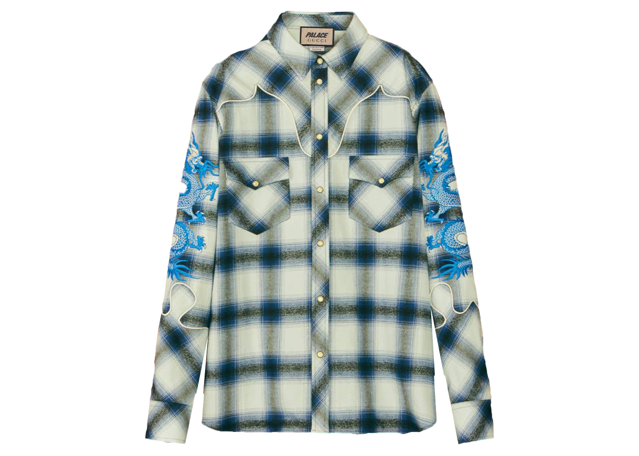 Palace x Gucci Embroidered Details Check Shirt Blue Men's - FW22 - US