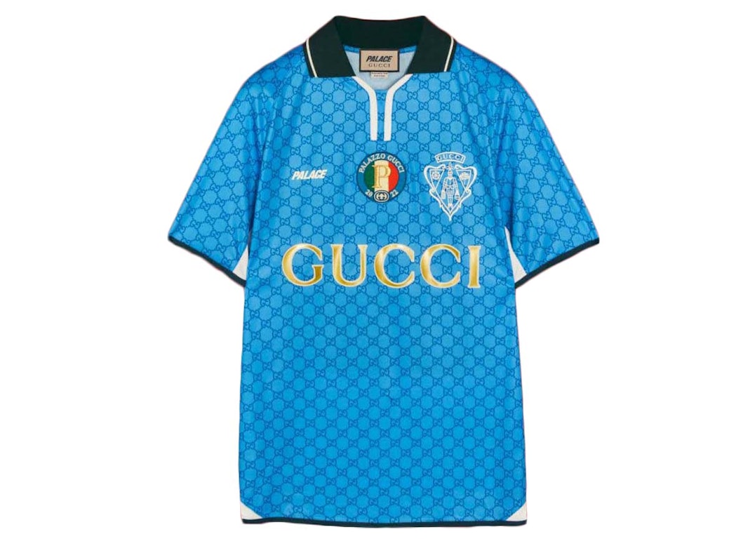 Pre-owned Palace X Gucci Printed All-over Gg Football Technical Jersey T-shirt Blue