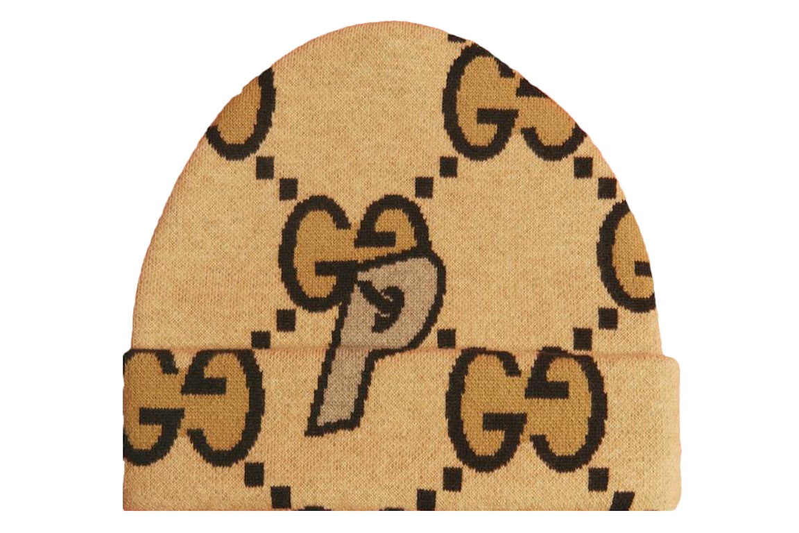 Pre-owned Palace X Gucci Wool Large Gg-p Beanie Beige/ebony
