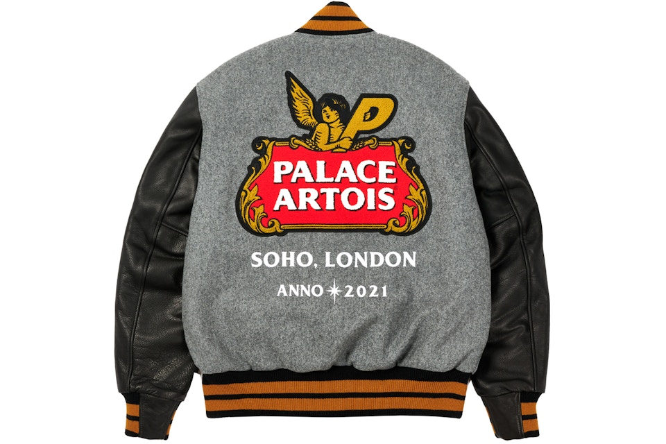 Palace X Stella Artois Wool Stadium Jacket Grey Black Fw21 Palace X Stella Artois Wool Stadium Jacket Grey Black Fw21