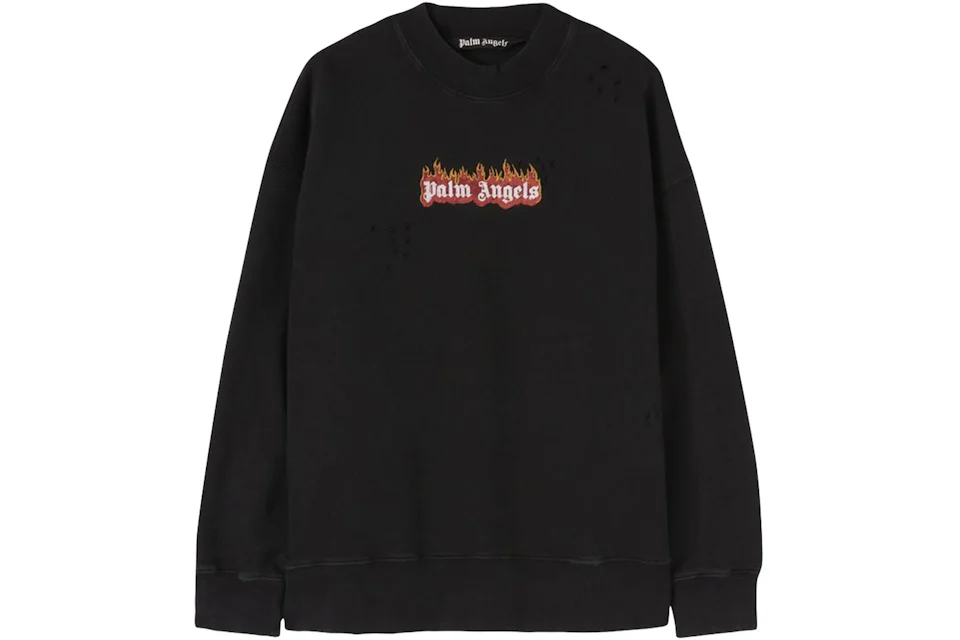 Palm Angels Burning Logo Print Distressed Sweatshirt Black/White Men's ...
