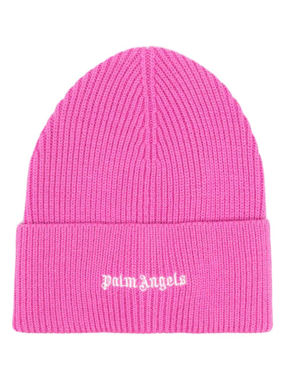 Palm Angels Classic Logo Ribbed Beanie Fuchsia/White