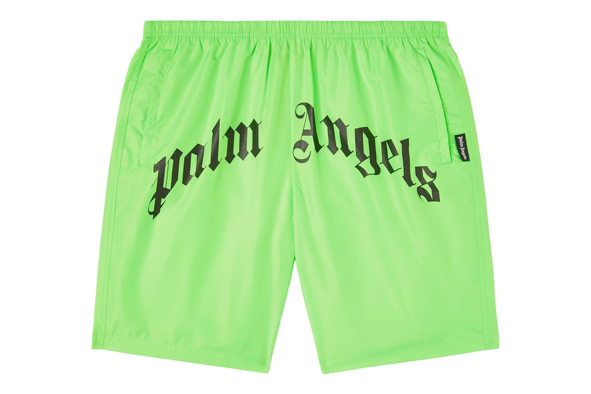 Pre-owned Palm Angels Curved Logo Bold Swim Shorts Green Fluo/black
