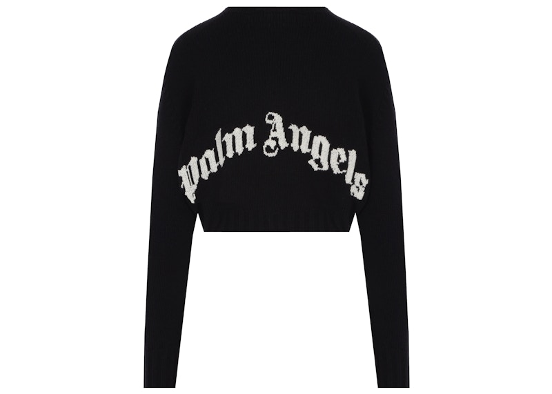 Palm Angels Curved Logo Intarsia Wool Cropped Sweater Black/White