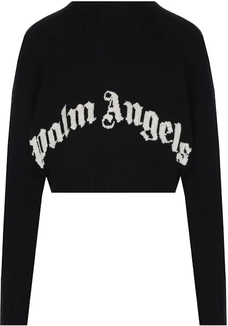 Palm Angels Curved Logo Intarsia Wool Cropped Sweater Black/White ...