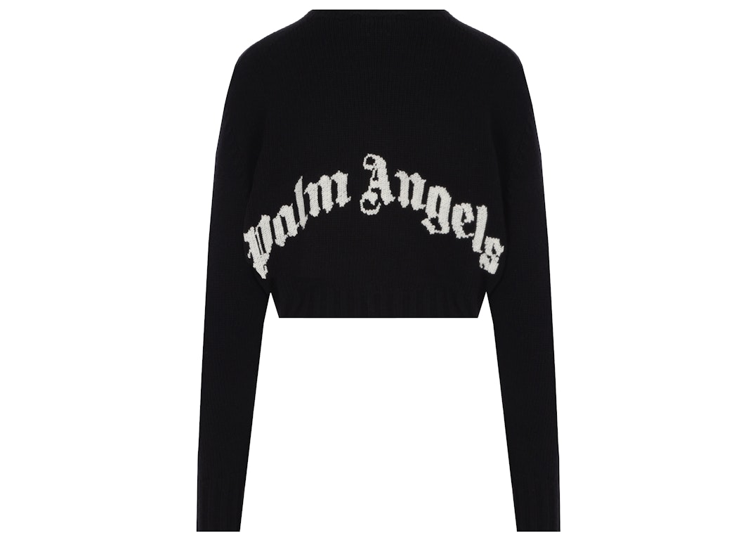Pre-owned Palm Angels Curved Logo Intarsia Wool Cropped Sweater Black/white