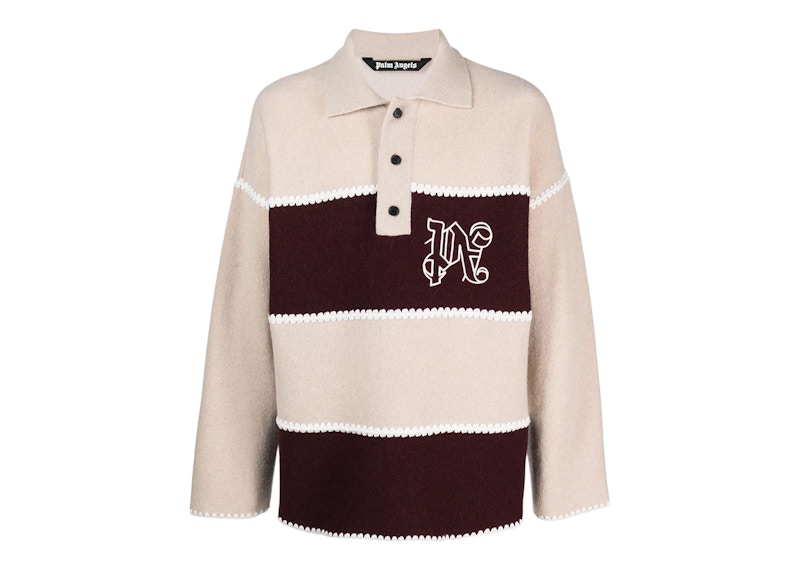 Palm Angels Embroidered-Monogram Knit Polo Light beige/bordeaux