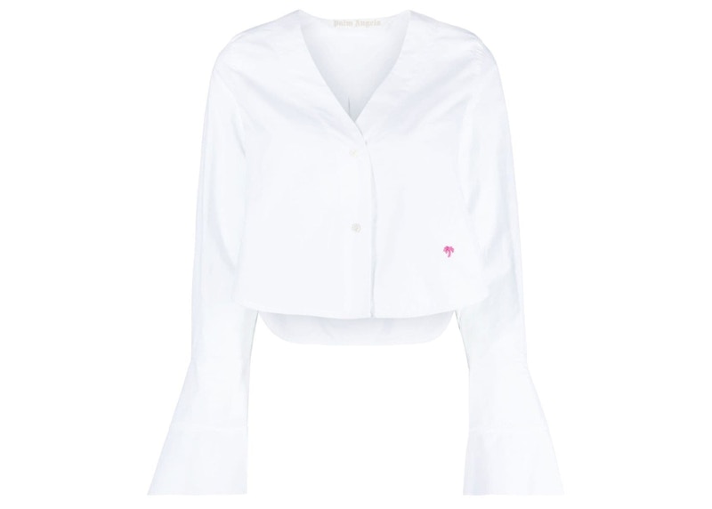 Pre-owned Palm Angels Women's Flute Sleeves Cropped Cotton Shirt In White