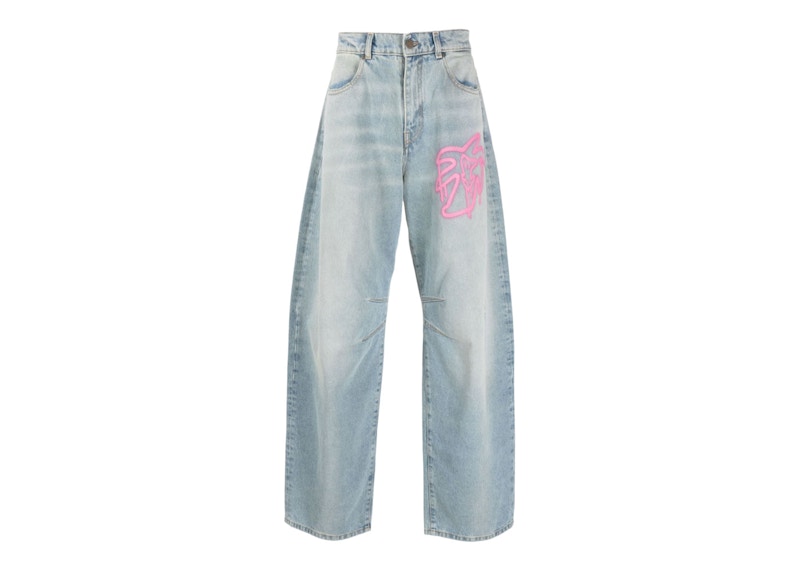 Palm Angels Hunter Graffiti-Print Wide-Leg Jeans Light Blue