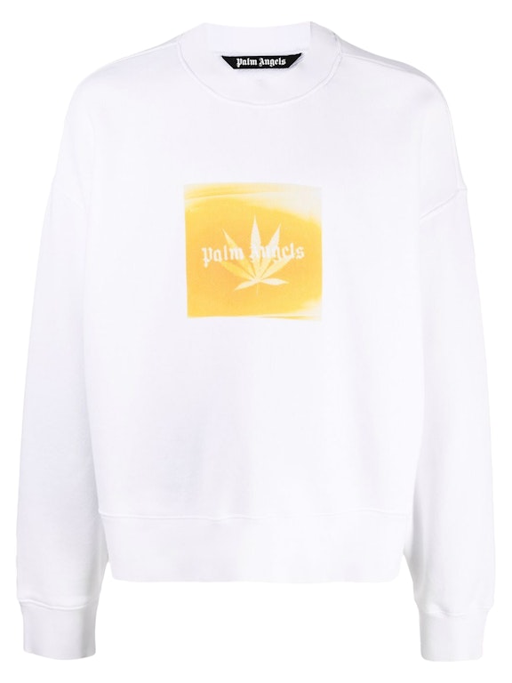 Pre-owned Palm Angels Leaf Print Logo Sweatshirt White/yellow