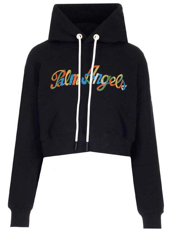 Palm Angels Logo Print Cropped Hoodie Black US