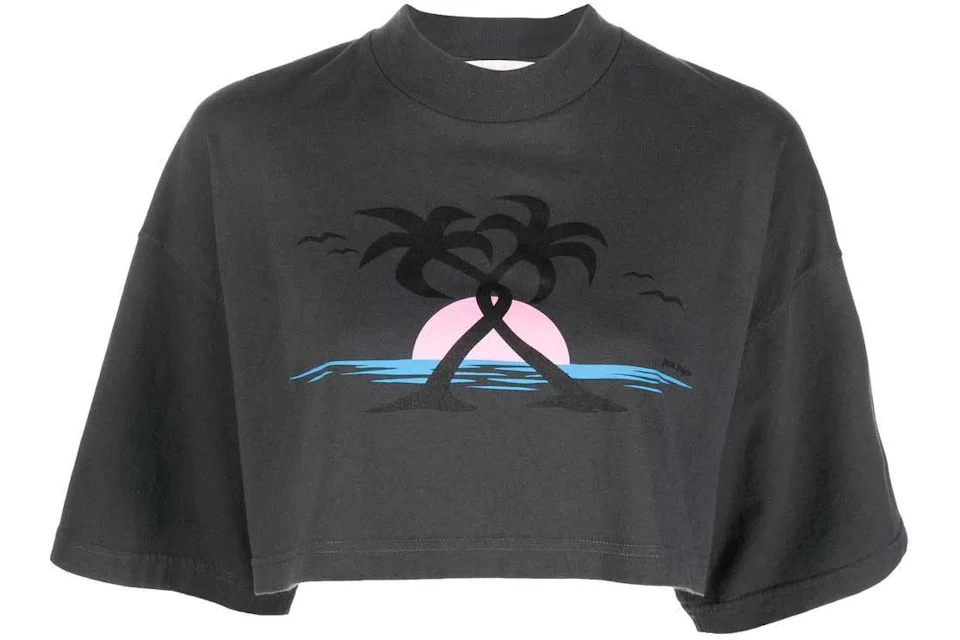 Palm Angels Logo-Print Cropped T-shirt Grey