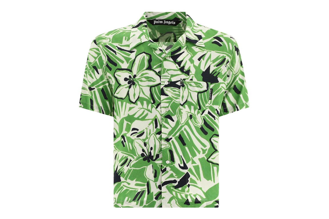 Pre-owned Palm Angels Macro Hibiscus Floral Print Short-sleeved Shirt Green/white