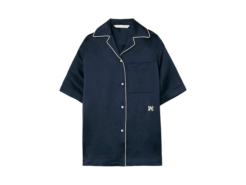 Pre-owned Palm Angels Women's  Monogram Satin Bowling Shirt In Black