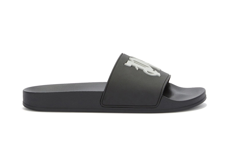 Pre-owned Palm Angels Men's Pa Monogram Pool Slides Sneakers In Black/light Grey In Multi