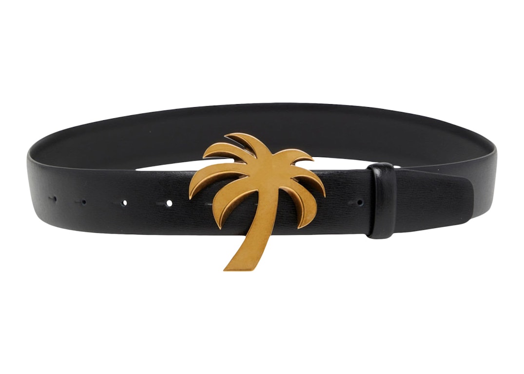 Pre-owned Palm Angels Palm Tree Buckle Leather Belt Black/gold-tone