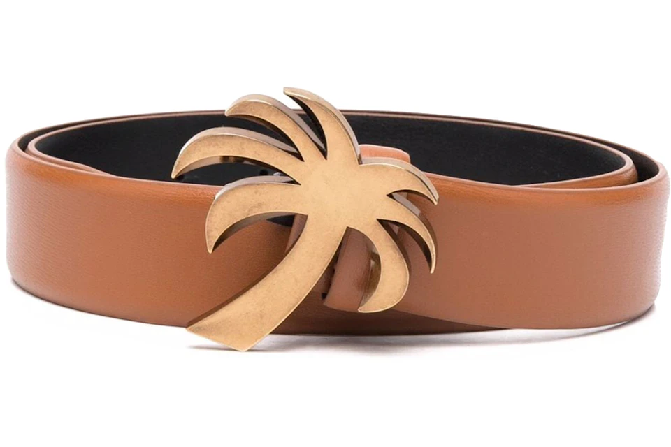Palm Angels Palm Tree Buckle Leather Belt Brown/Gold-tone