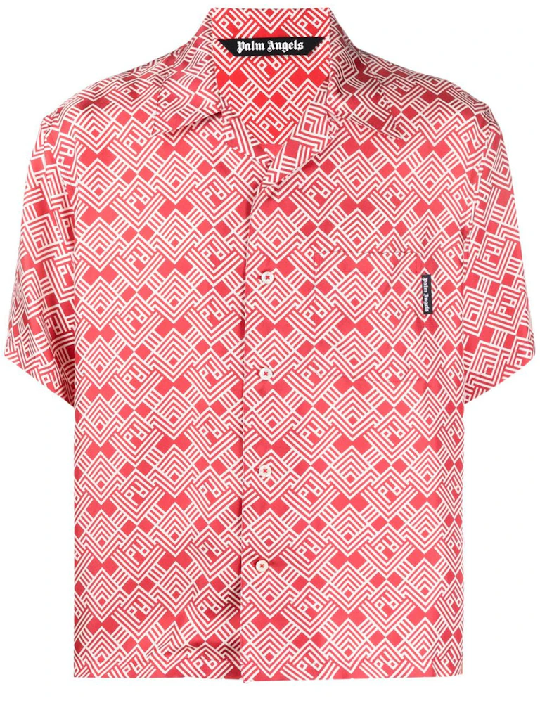 Palm Angels Silk Monogram Bowling Shirt Red/Off White Men's - SS22 - US