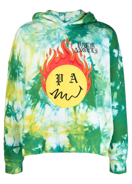 Pre-owned Palm Angels Smiley Intarsia Burning Head Tie Dye Hoodie Green