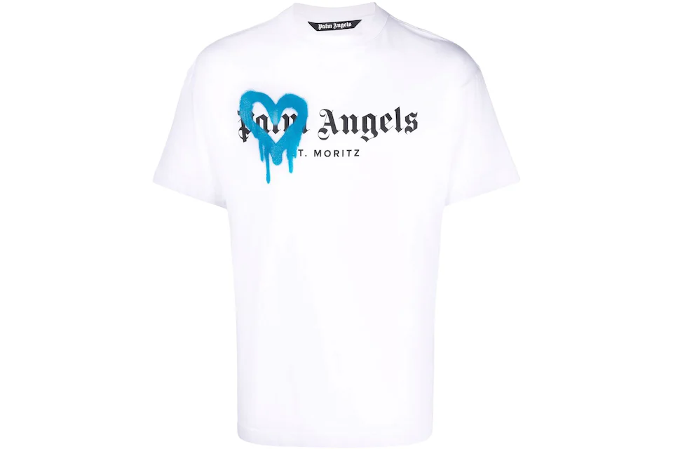 Palm Angels St Moritz Heart Sprayed Logo T-shirt White/Black/Blue Homme ...