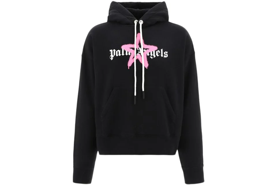 Palm Angels Star Sprayed Logo Popover Hoodie Black/Pink Men's - US