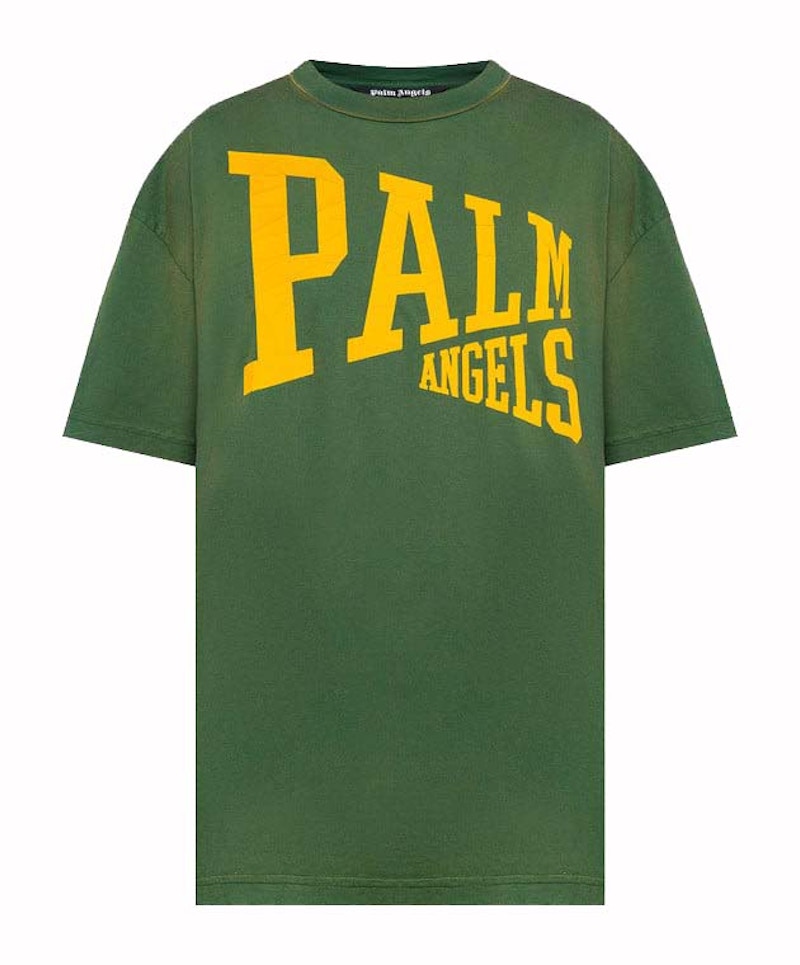 Pre-owned Palm Angels Men's Vintage Look College Logo T-shirt In Green/yellow
