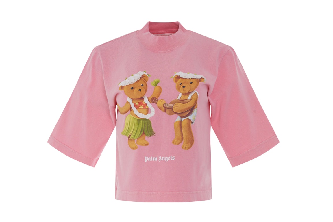 Pre-owned Palm Angels Women's Dancing Bear Cropped T-shirt Fuchsia/fluo Brown