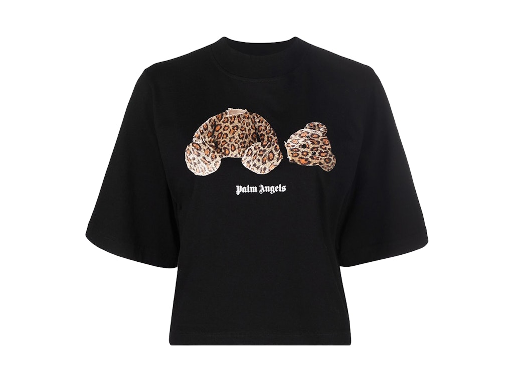 Pre-owned Palm Angels Womens Leopard Bear Cropped T-shirt Black/brown