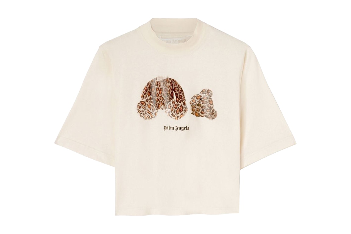 Pre-owned Palm Angels Womens Leopard Bear Cropped T-shirt Off White/brown