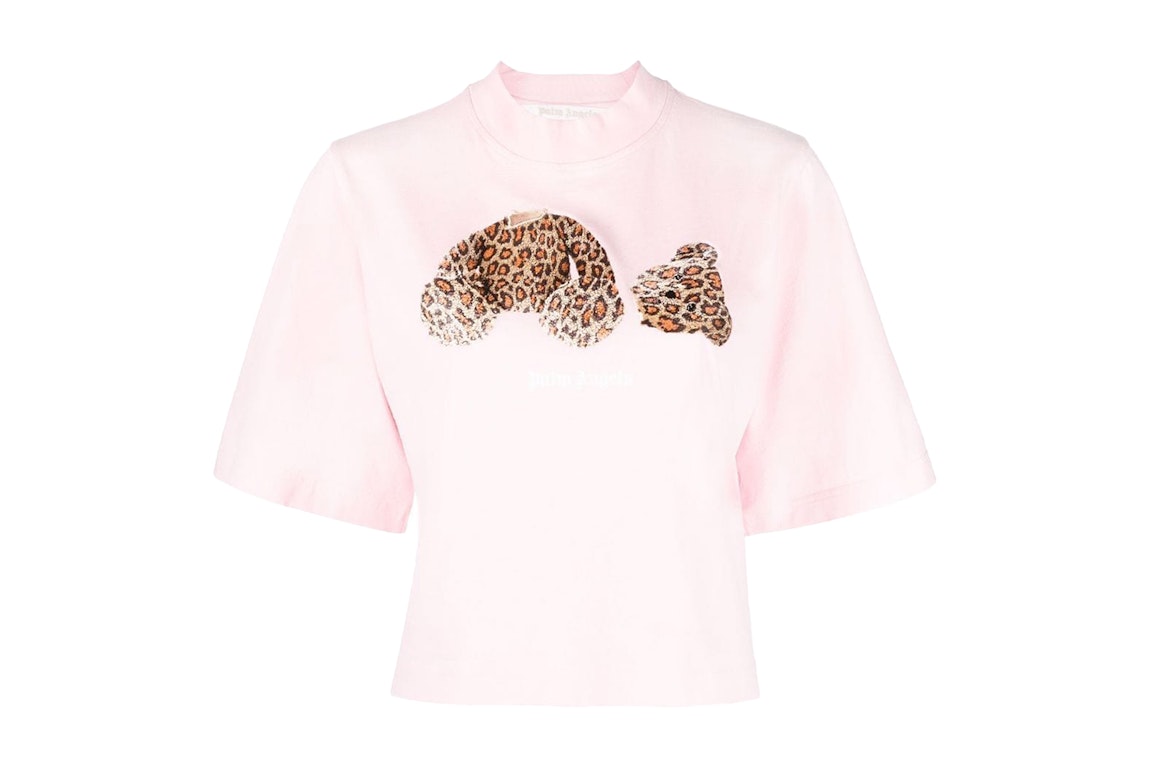 Pre-owned Palm Angels Womens Leopard Bear Cropped T-shirt Pink/brown