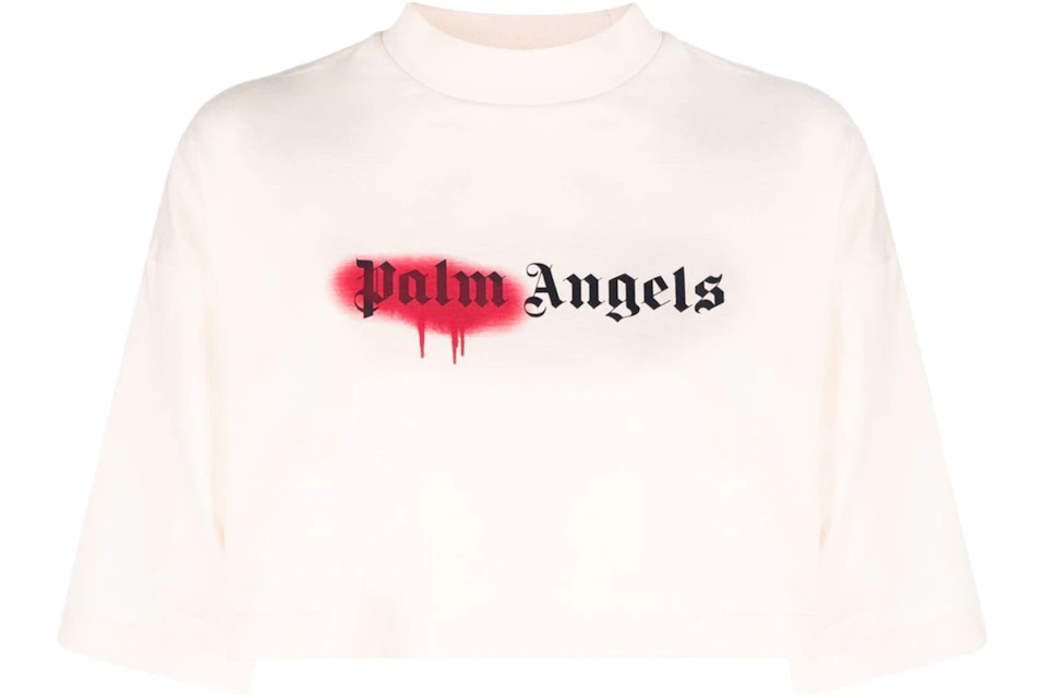 Palm Angels Womens Sprayed Logo Cropped T-Shirt Off White/Red