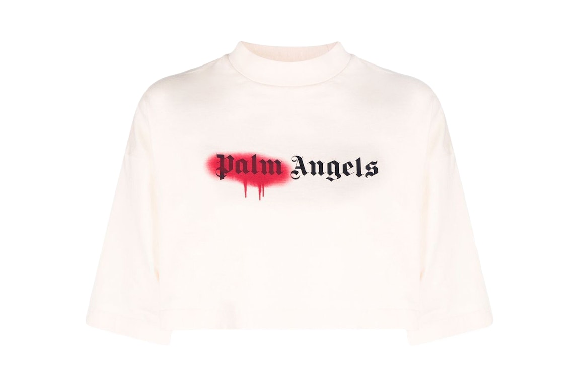 Pre-owned Palm Angels Womens Sprayed Logo Cropped T-shirt Off White/red