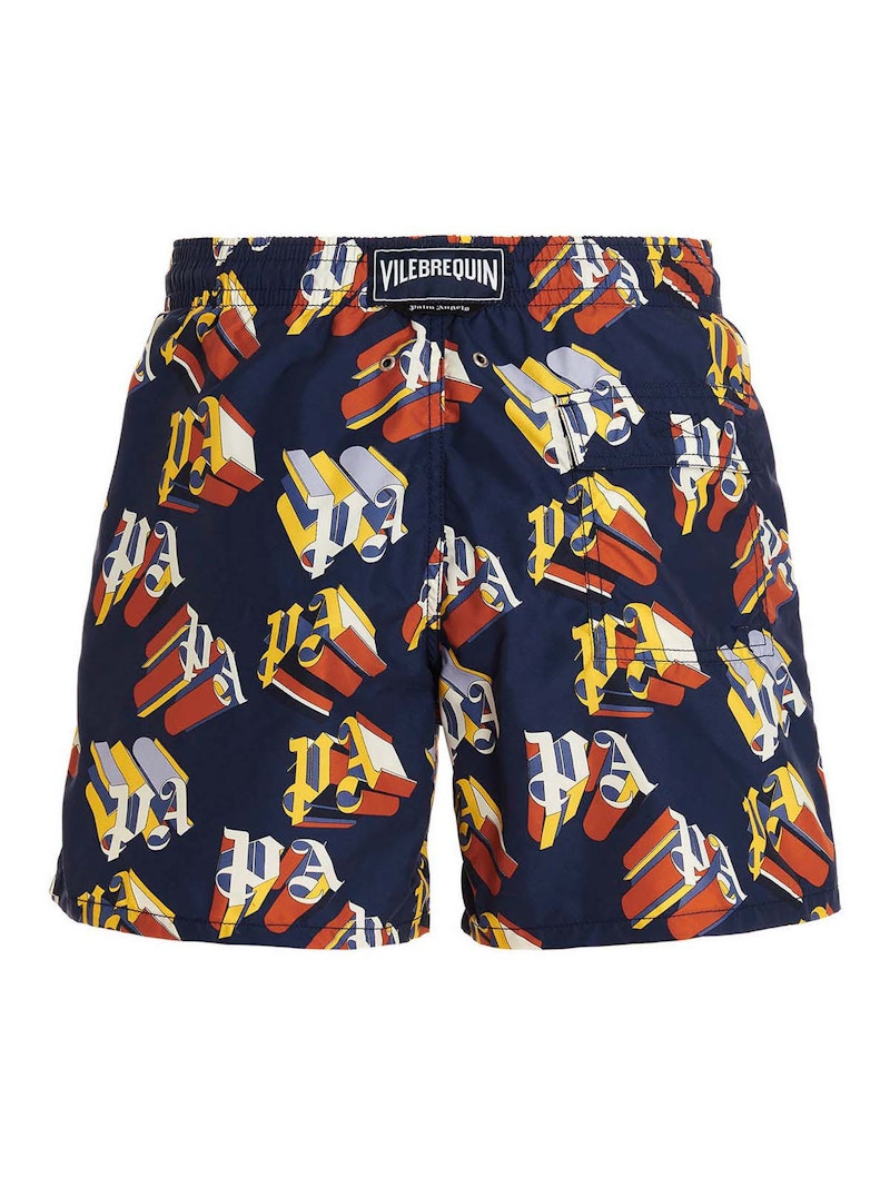 Pre-owned Palm Angels Men's X Vilebrequin Monogram Swim Shorts In Blue/brown