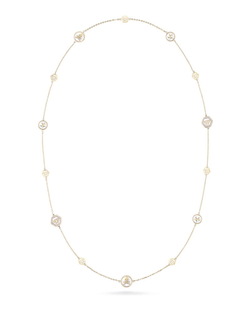 Pre-owned Philipp Plein Women's  Plein Mini Logo Crystal Cable Chain Necklace In Gold