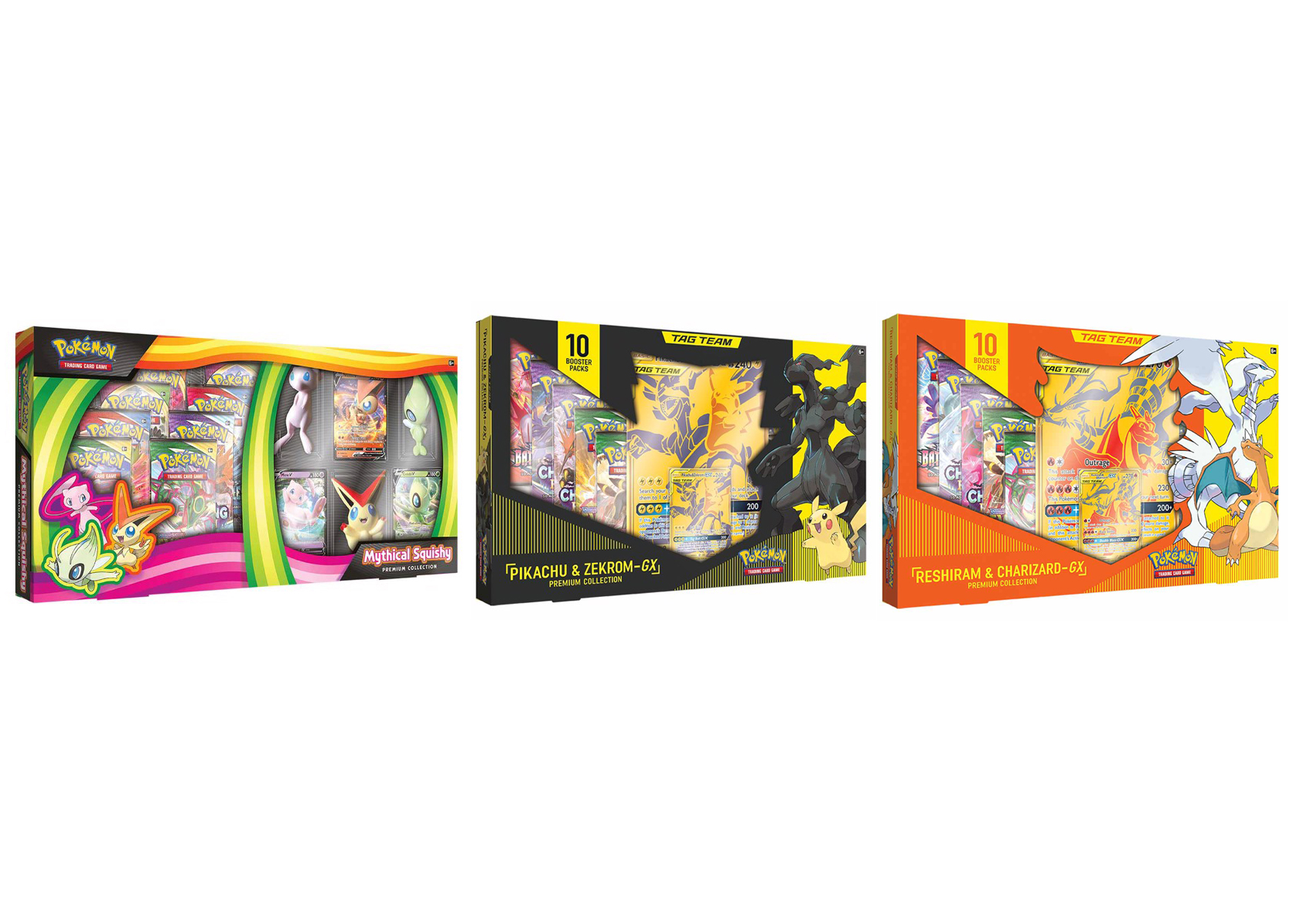 Pokémon TCG Premium Collection Mythical Squishy/Reshiram &  Charizard/Pikachu & Zekrom 3x Box Bundle