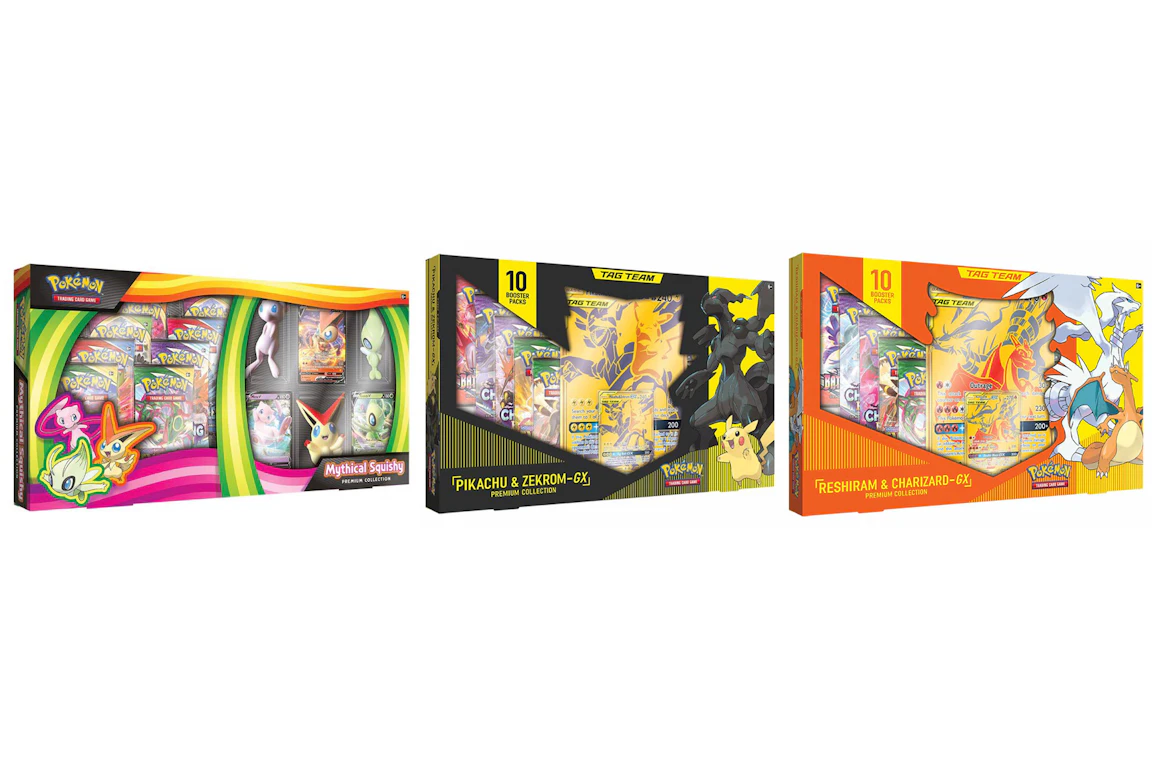 Pokémon TCG Premium Collection Mythical Squishy/Reshiram & Charizard/Pikachu & Zekrom 3x Box Bundle