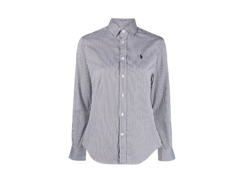 Pre-owned Polo Ralph Lauren Women's  12/2 Yd Ctn Pwls Crlte Stlong Sleevebutton Front Shirt In White/black In Multi