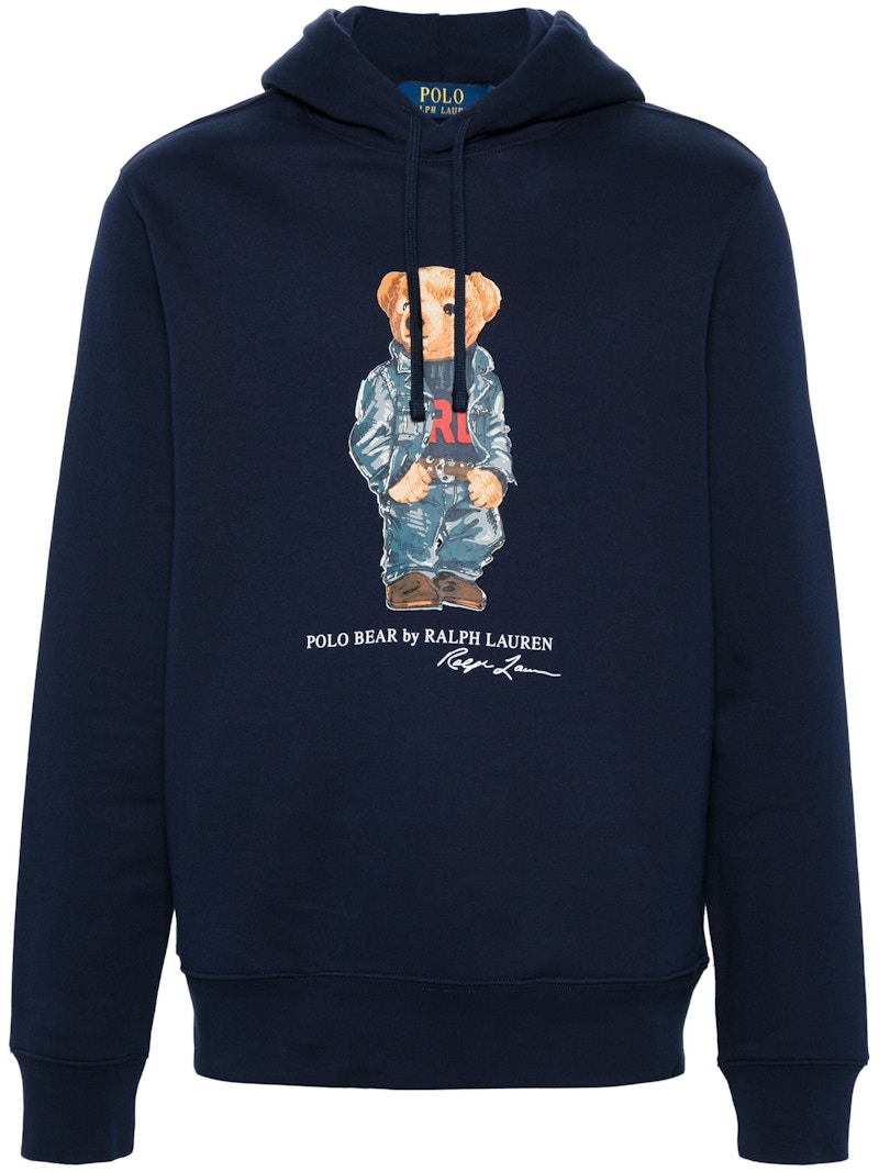 Pre-owned Polo Ralph Lauren Men's  Denim Bear Seasonal Fleece Sweatshirt In Cruise Navy Blue