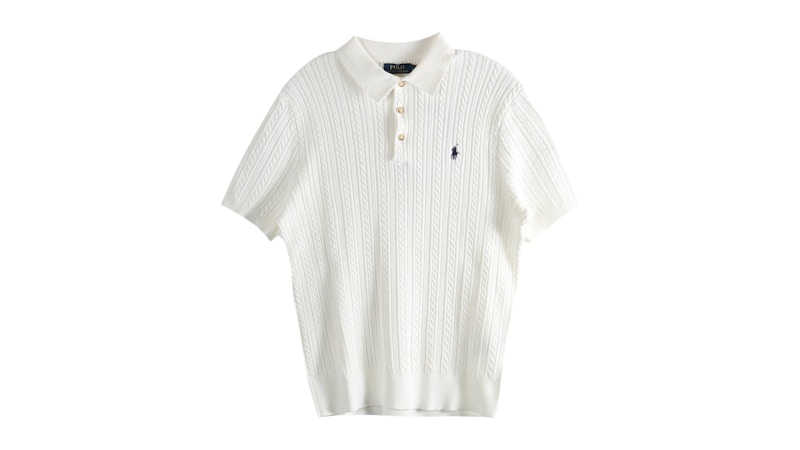[まっちゃa620]Polo Ralph Lauren ホワイト ケーブル Polo ベア ケーブル コットン Vネック カーディガン