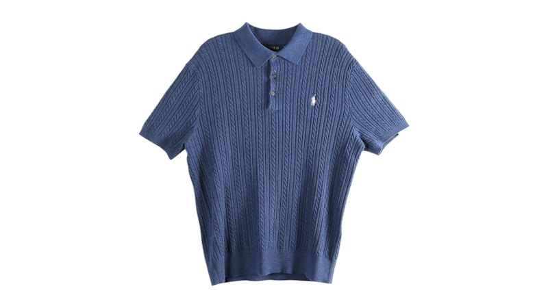Polo Ralph Lauren Featherweight Cable Knit 3-Button Placket Polo Short-Sleeve Sweater Rustic Navy Heather