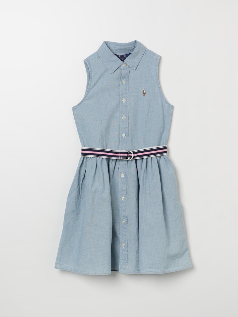 Polo Ralph Lauren GirLS Sleeveless Cotton Chambray Shirt Dress in Medium Wash