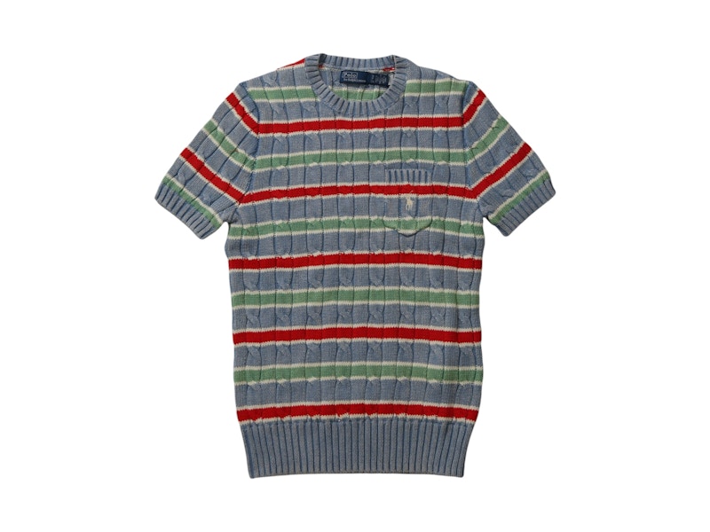 Pre-owned Polo Ralph Lauren Women's  Sstriped Cableknit Ts Shirt In Channel Blue