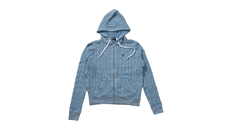 POLO RALPH LAUREN Pre-owned Women's Cableknit Zip Up Hoodie In Chambray Indigo In Blue