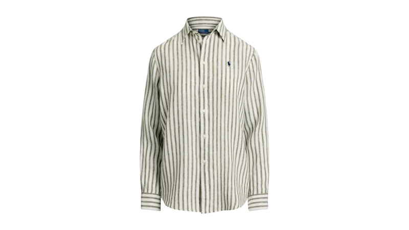 Pre-owned Polo Ralph Lauren Women's Classic Long Sleeve Button Front Shirt In Dark Sage/white In Multi